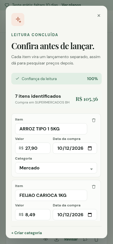 Revisão de um cupom fiscal lido pela IA no celular