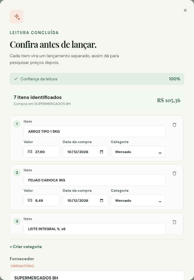 Tela de revisão com itens de um cupom de mercado identificados pela IA